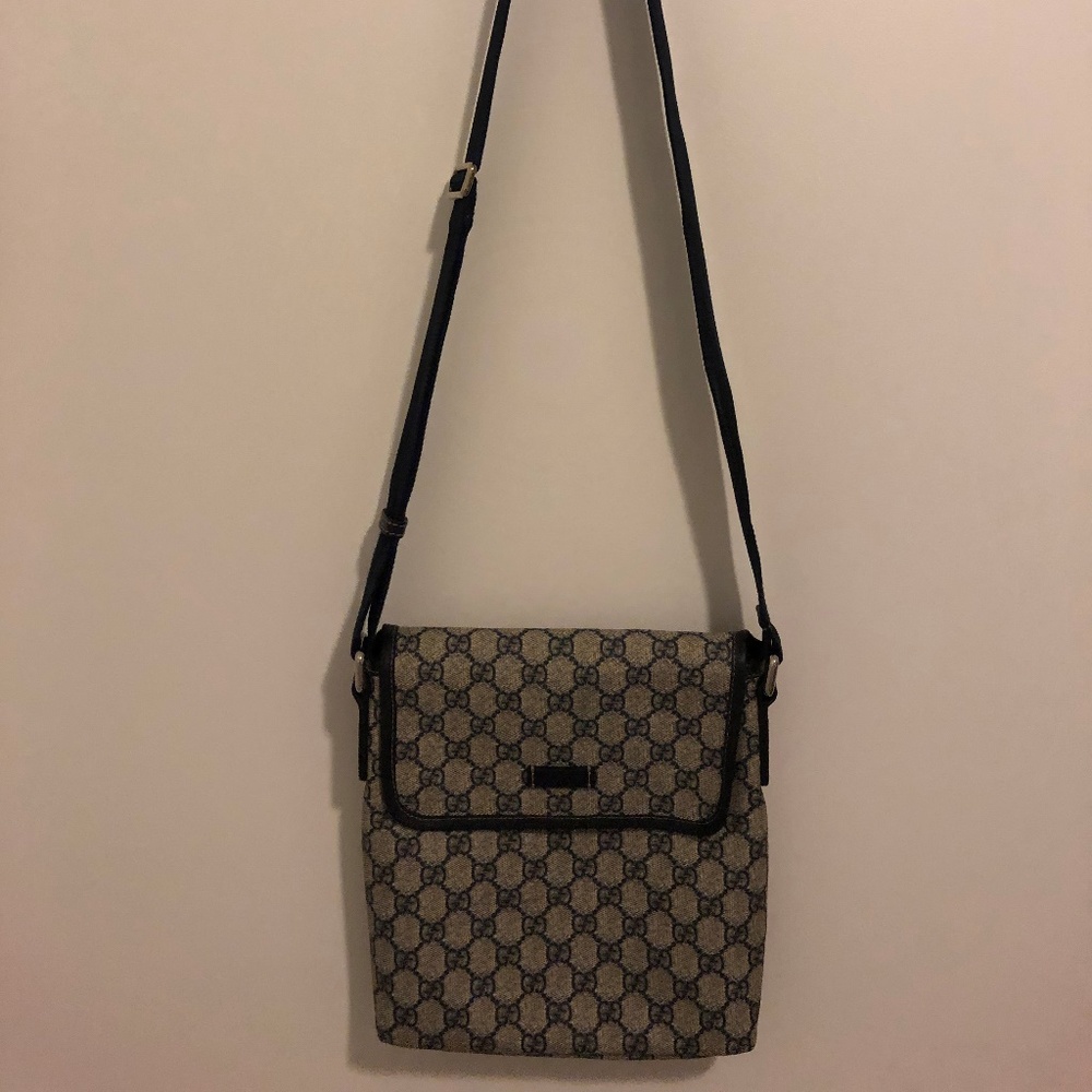 Gucci GG PVC Canvas Leather Navy Crossbody Bag